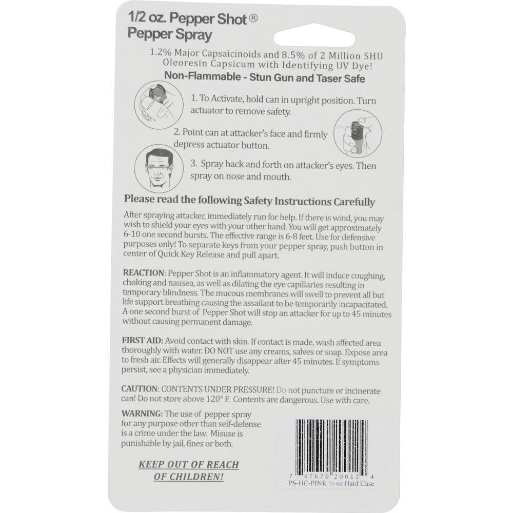 Pepper Shot 1.2% MC 1/2 oz pepper spray hard case belt clip and quick release keychain pink