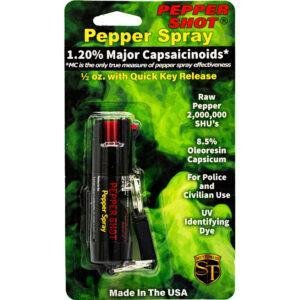 Pepper Shot 1.2% MC 1/2 oz pepper spray belt clip and quick release keychain