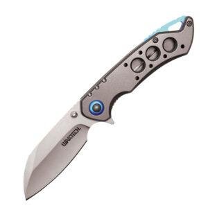 Assisted Open Folding Pocket Knife, Grey Handle w/ Blue Accents