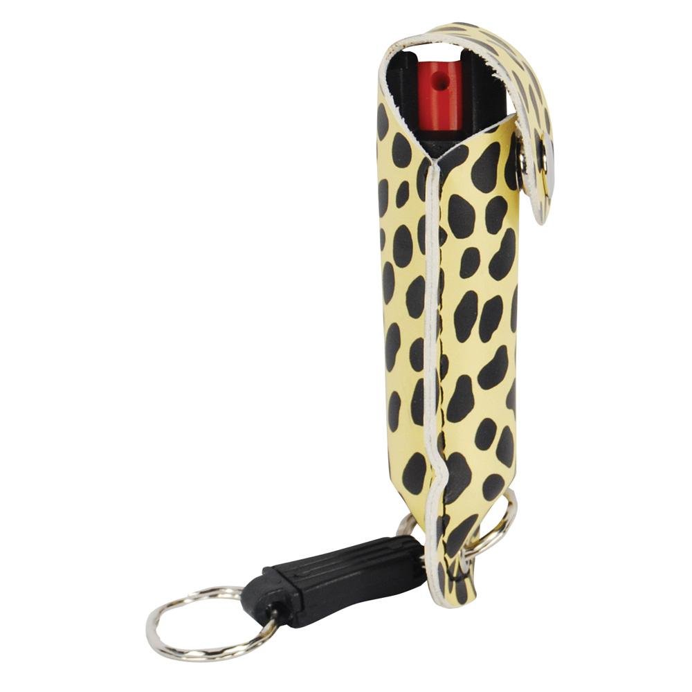 Wildfire 1.4% MC 1/2 oz pepper spray fashion leatherette holster and quick release keychain cheetah black/yellow