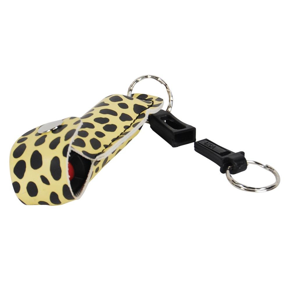 Wildfire 1.4% MC 1/2 oz pepper spray fashion leatherette holster and quick release keychain cheetah black/yellow